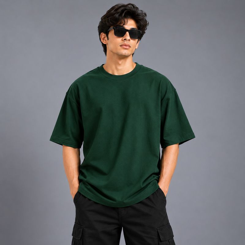 Greyscale Men Solid Round Neck Pure Cotton Dark Green T-Shirt - Image 5