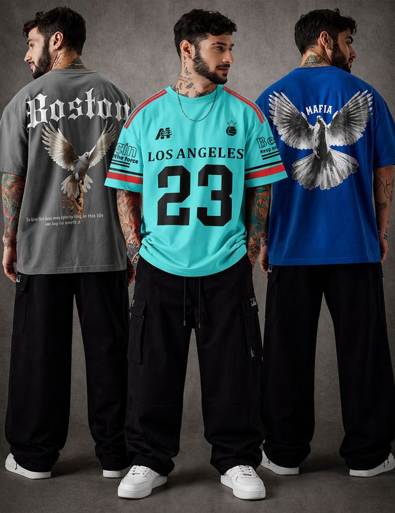 Force Pack of 3 Men Printed Round Neck Cotton Blend Blue, Grey, Light Blue T-Shirt - Image 5