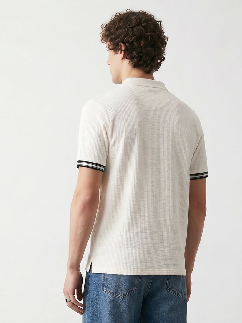 R&B Men Self Design Polo Neck Cotton Blend White T-Shirt - Image 4