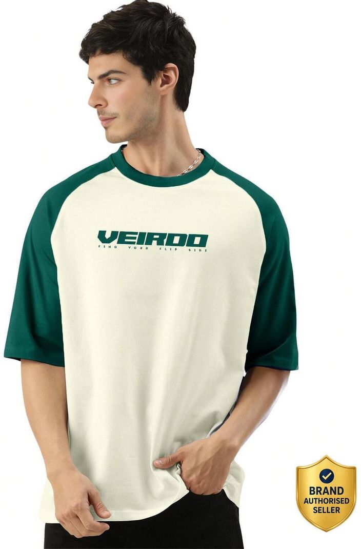 Veirdo Oversized Men Printed Typography Cotton T-Shirt (Beige) - Image 2