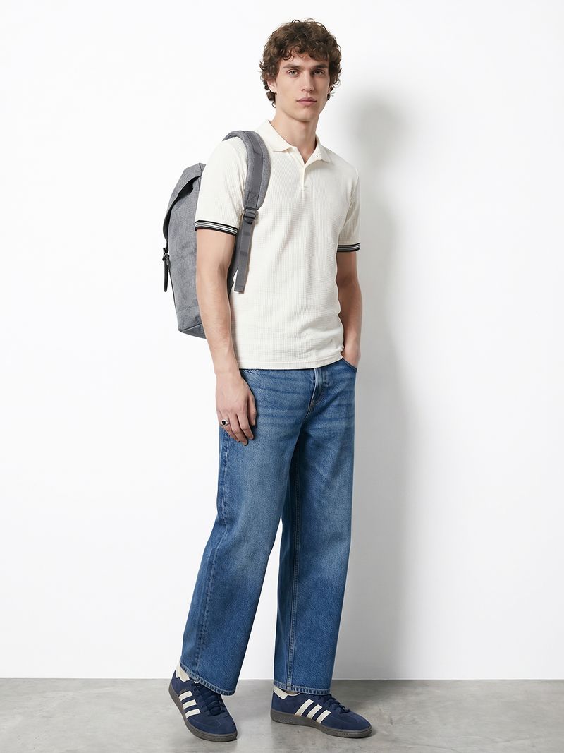 R&B Men Self Design Polo Neck Cotton Blend White T-Shirt - Image 3