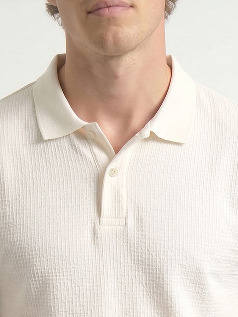 R&B Men Self Design Polo Neck Cotton Blend White T-Shirt - Image 5