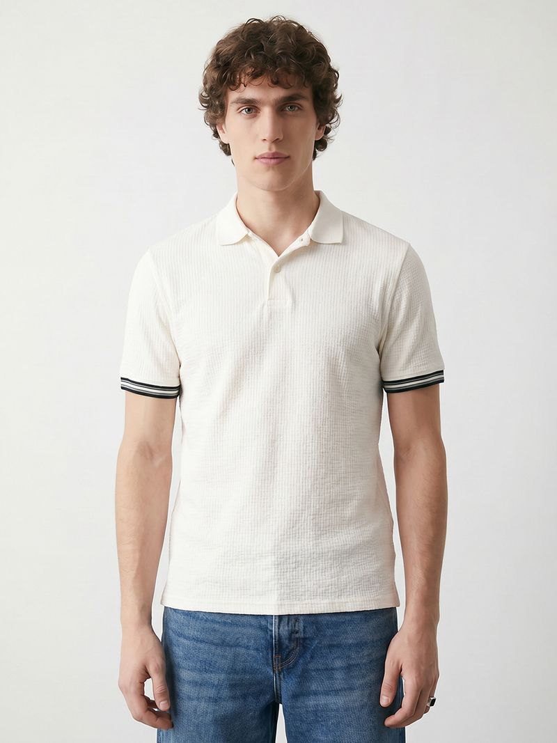 R&B Men Self Design Polo Neck Cotton Blend White T-Shirt - Image 6