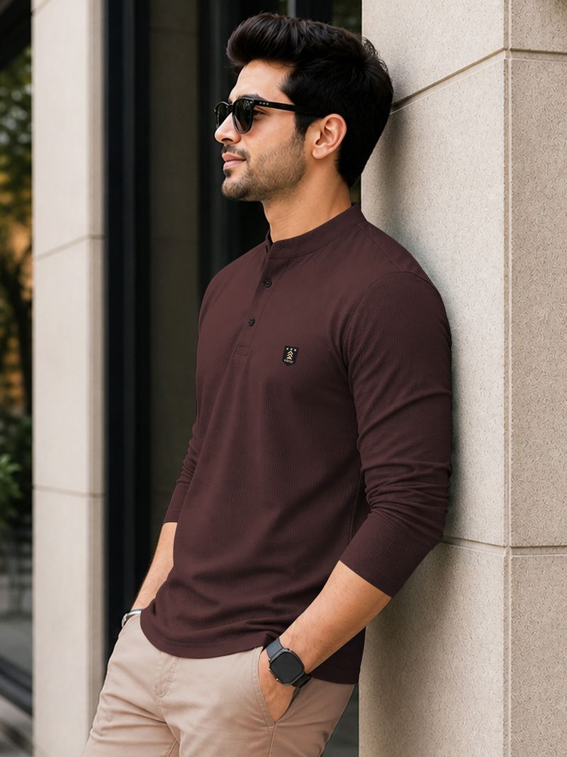VeBNoR Men Self Design Mandarin Collar Polyester Brown T-Shirt - Image 8