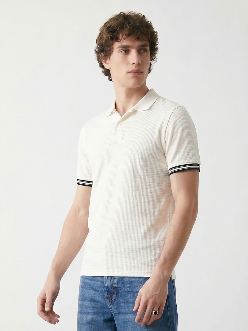 R&B Men Self Design Polo Neck Cotton Blend White T-Shirt - Image 7