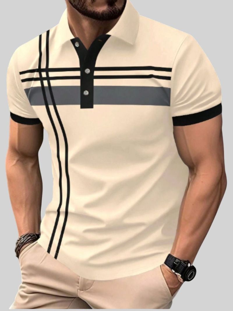 TAZO Men Striped Polo Neck Cotton Blend Beige T-Shirt - Image 5