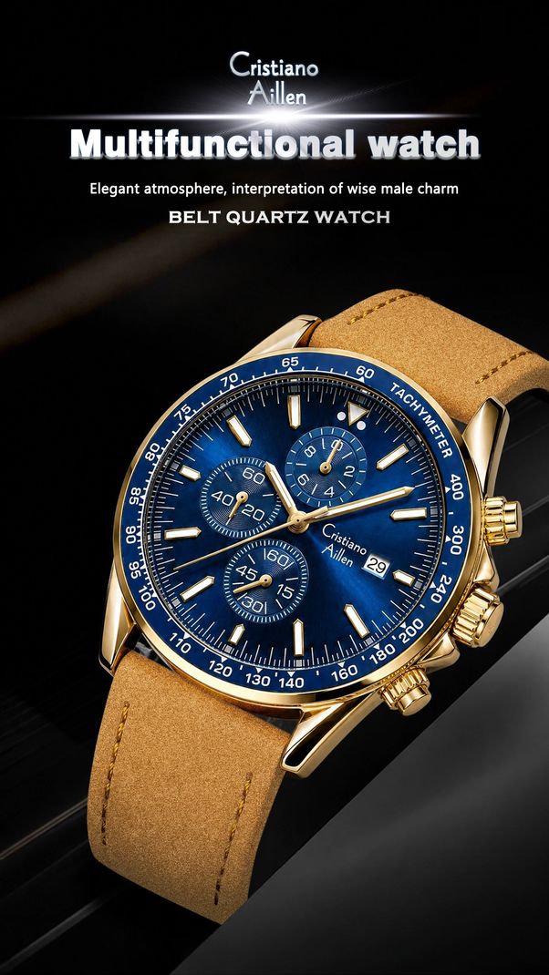 Cristiano Aillen Chronograph Brown Gold Blue Watch for Men Analog Wrist Fashion Style Casual Analog Watch - For Men CA-BRN-TAN-CHR-1028 - Image 8