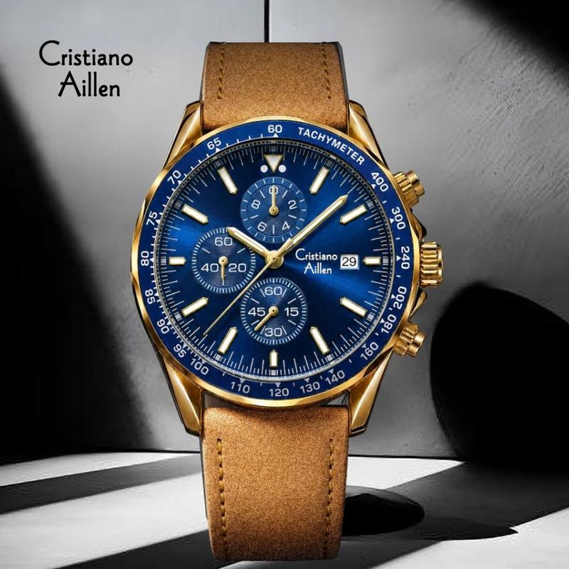 Cristiano Aillen Chronograph Brown Gold Blue Watch for Men Analog Wrist Fashion Style Casual Analog Watch - For Men CA-BRN-TAN-CHR-1028 - Image 6
