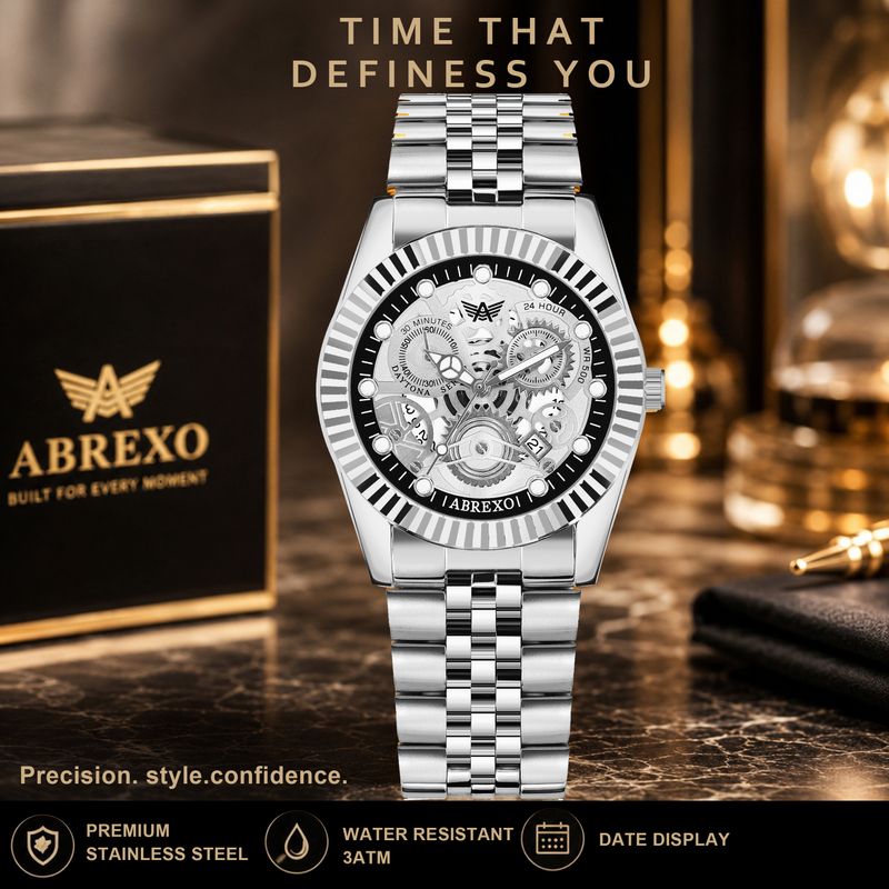 ABREXO Series I Skeleton Silver Dial Quartz Watch for Men - Image 8
