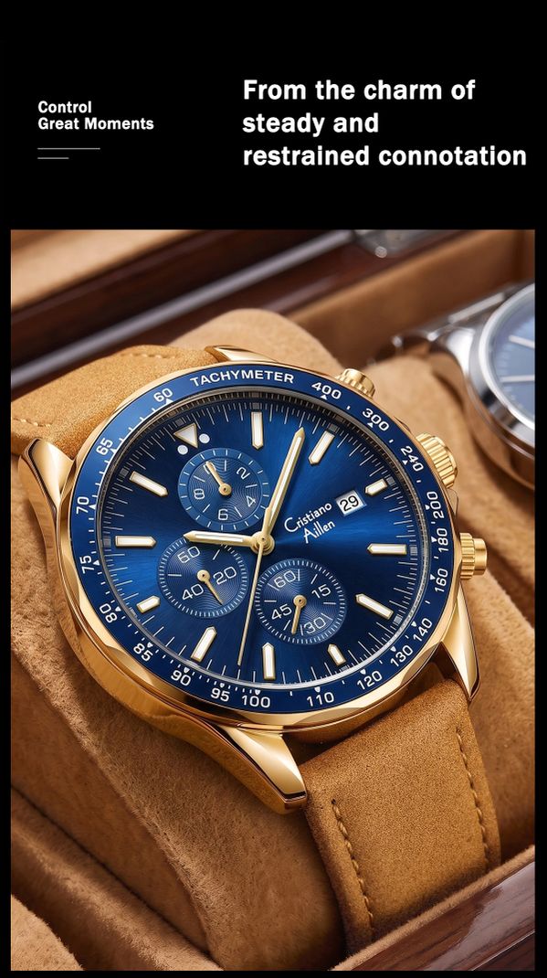 Cristiano Aillen Chronograph Brown Gold Blue Watch for Men Analog Wrist Fashion Style Casual Analog Watch - For Men CA-BRN-TAN-CHR-1028 - Image 7