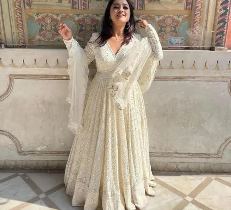 NIRJALA Self Design Pure Cotton Stitched Flared/A-line Gown (White) - Image 5