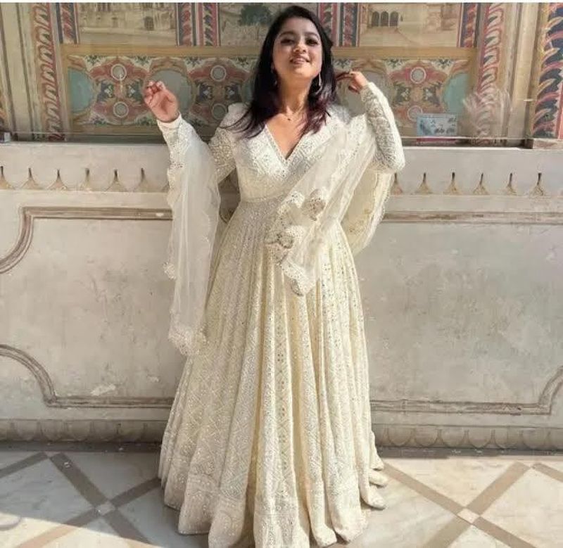 NIRJALA Self Design Pure Cotton Stitched Flared/A-line Gown (White) - Image 4