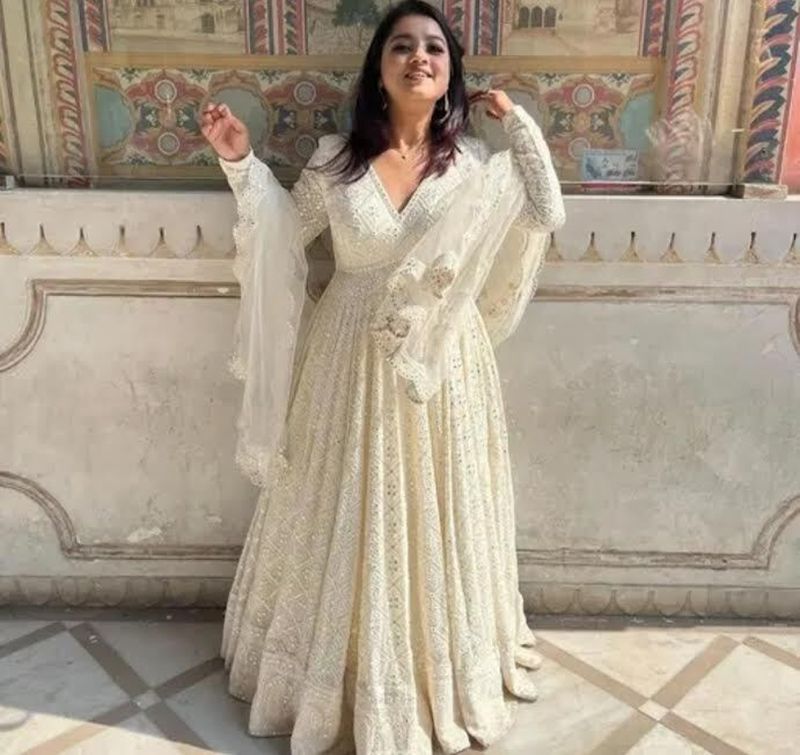 NIRJALA Self Design Pure Cotton Stitched Flared/A-line Gown (White) - Image 2