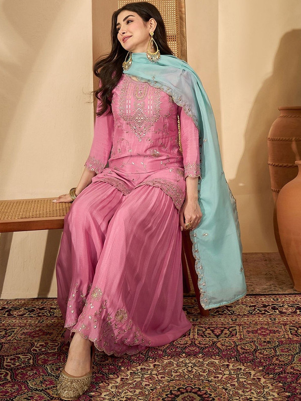 Tavasya Women Silk Blend Zari Sequence Embroidered Kurta with Sharara and Dupatta | Kurta Set | Ethnic Wear | Salwar Suit