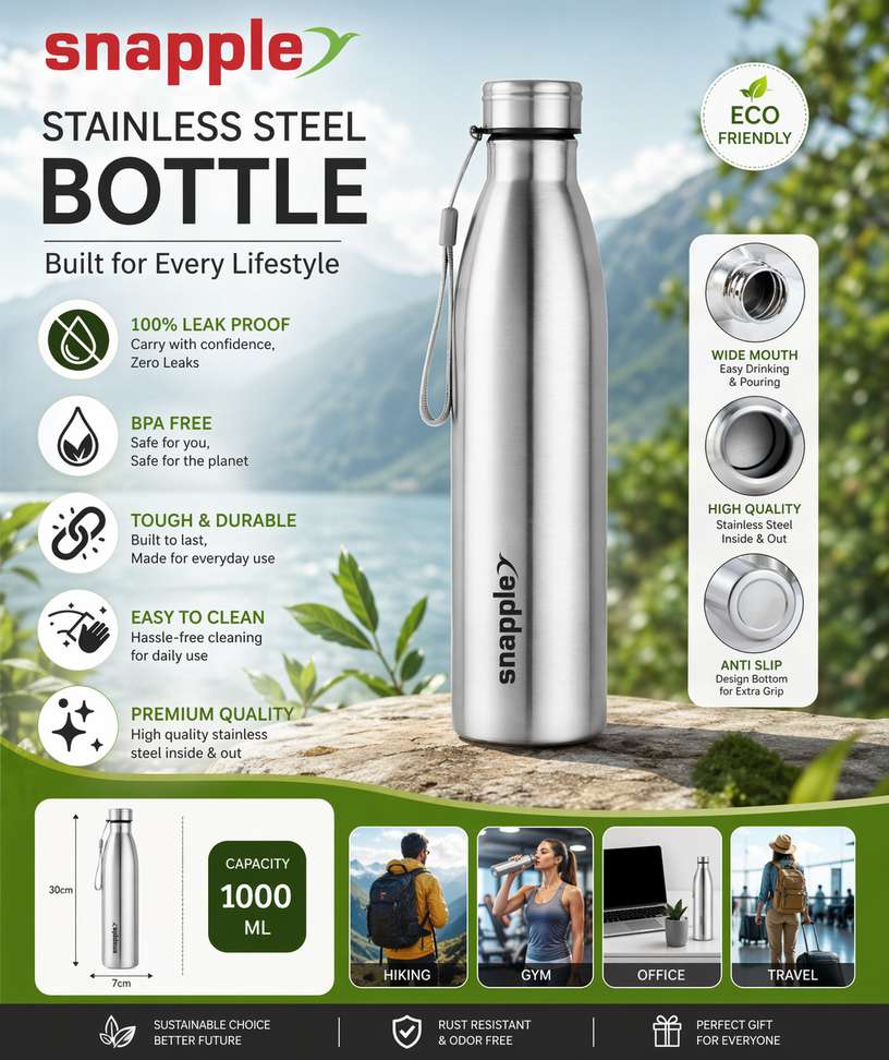 Snapple TAG Stainless Steel Water Bottle Single Wall ISI Certified 1000 ml Stainless Steel Bottle - Buy Snapple TAG Stainless Steel Water Bottle Single Wall ISI Certified 1000 ml Stainless Steel Bottle Online at Best Prices in India - Sports & Fitness | Shopsy.in - Image 8
