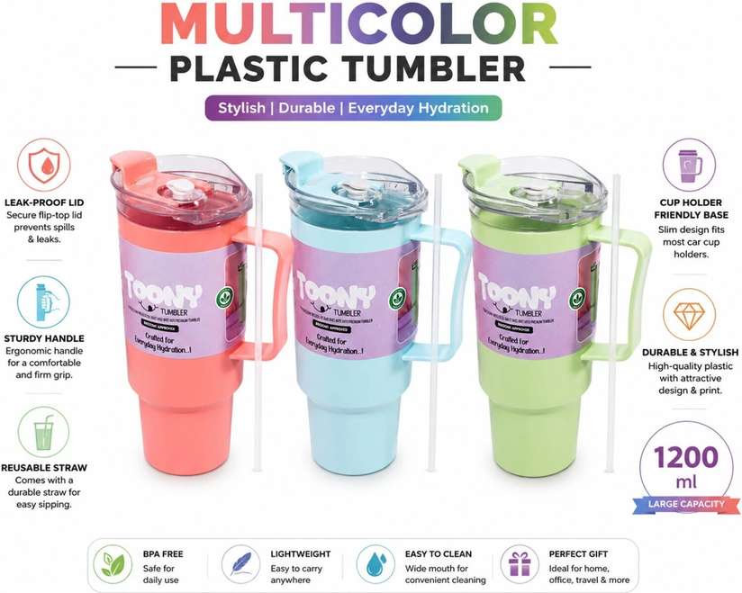 Shopsy Shiv Enterprise Trendy Plastic Tumbler Bottle with Lid & Straw - Image 3