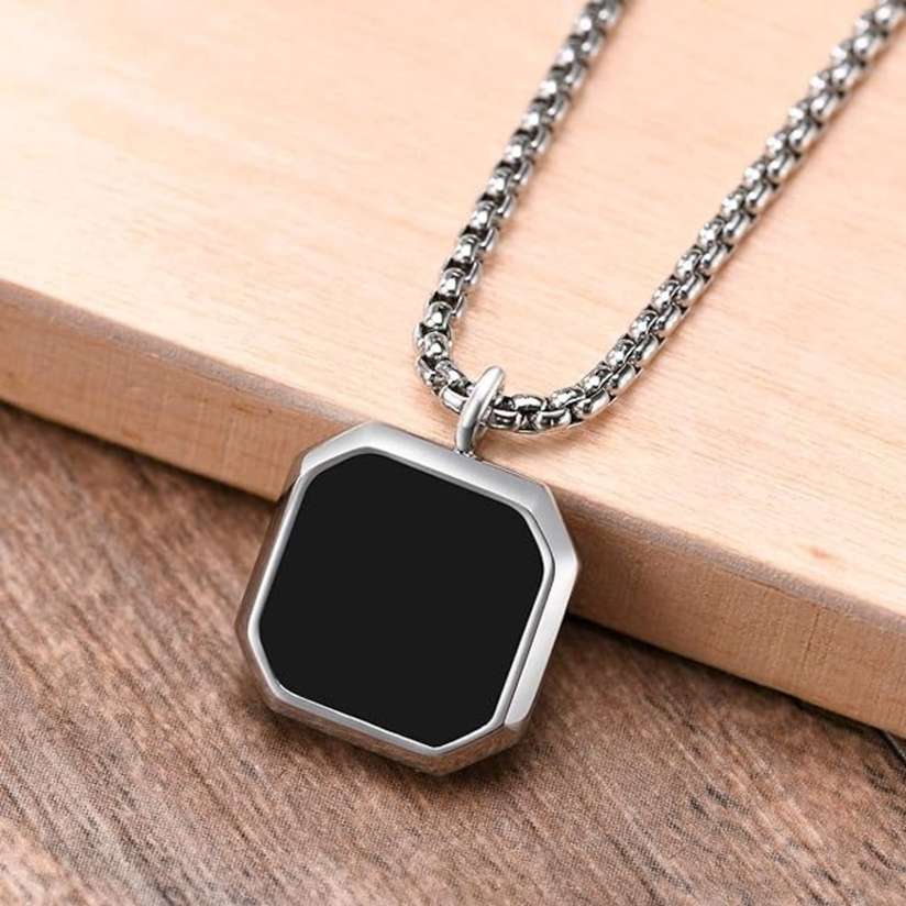 Black Cubic Silver Bar Pendant Necklace For Mens and Grils Silver Plated  Stainless Steel Chain