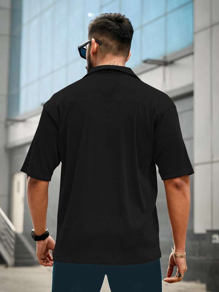 Men Self Design Casual Black Shirt