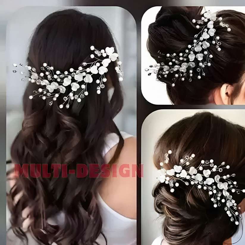 Beaded Tiara Hair Jewelry WHITE SILVER Chain GAJRA Veni Gajra