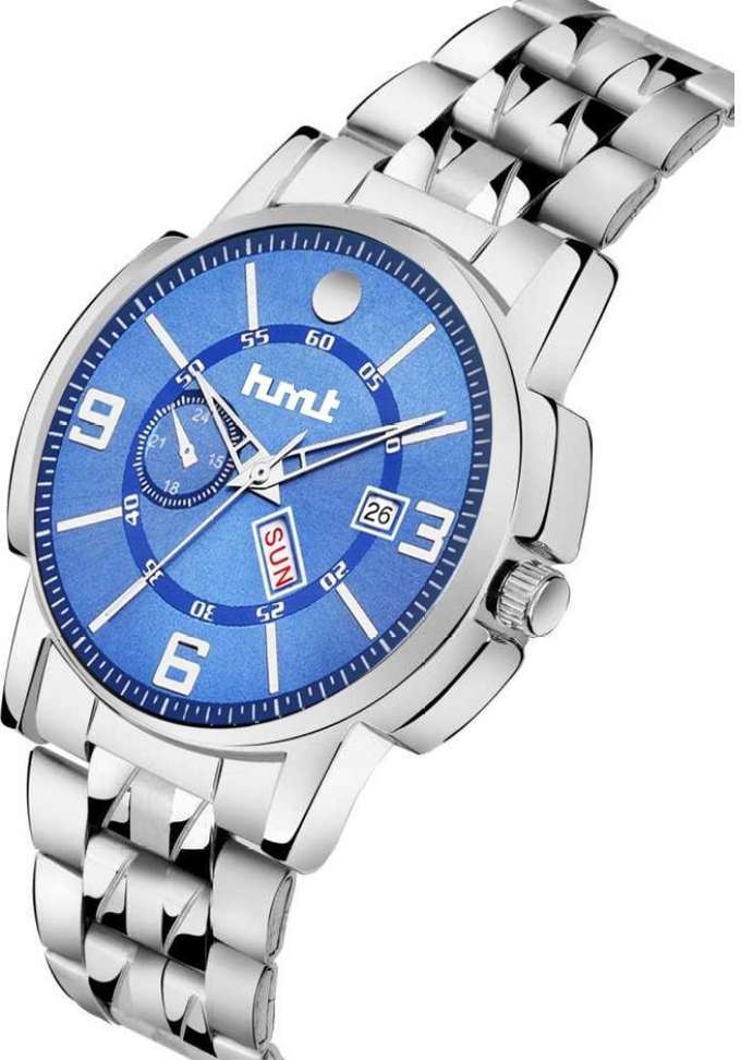 Analog Watch Hmt Day Date Watches Hmt Watches For Men Silver Hmt