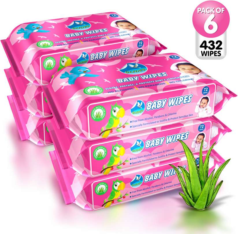 GLIDER Baby Wipes with Aloe Vera,Vitamin E Mild Fragrance (Pack of 6)