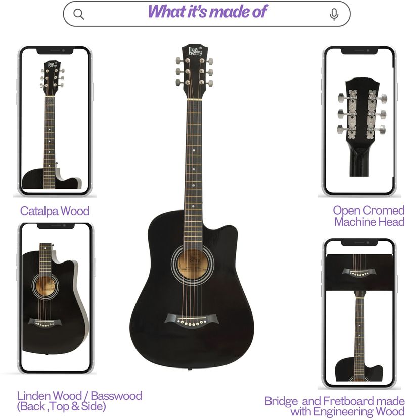 BLUEBERRY 38C 38 Inch Black Acoustic Guitar - Image 4