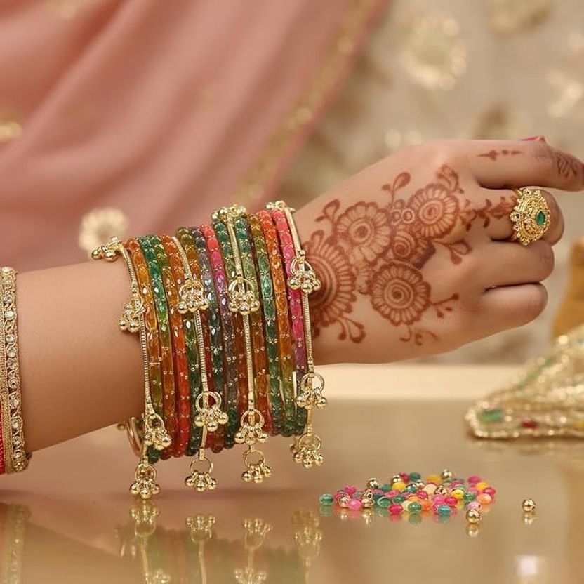 VEDHAHI Stone, Glass Crystal Gold-plated Bangle Set (Pack of 16) - Image 4