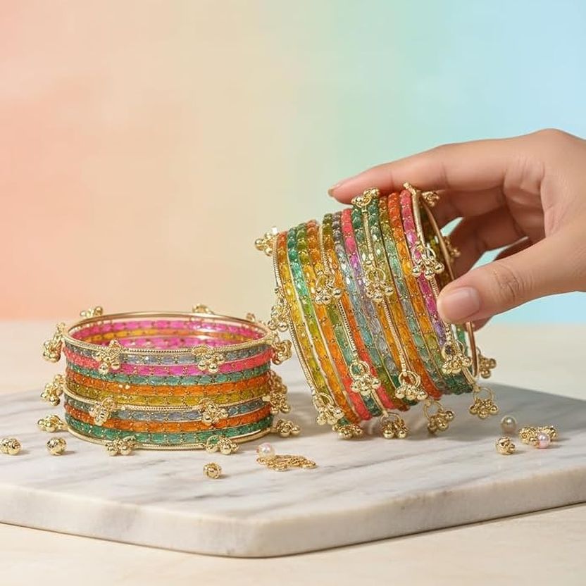 VEDHAHI Stone, Glass Crystal Gold-plated Bangle Set (Pack of 16) - Image 2