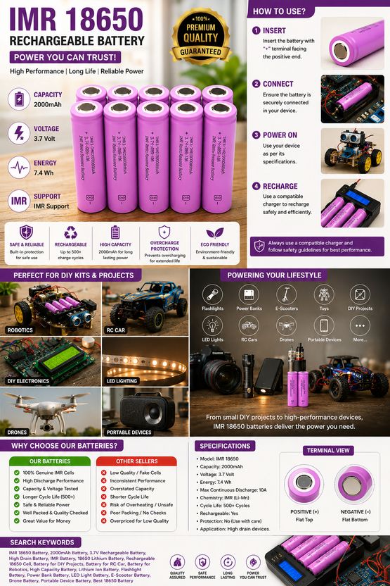 khurafatiLabs IMR18650 2000mAh 3.7V Battery (Pack of 10) - Image 2