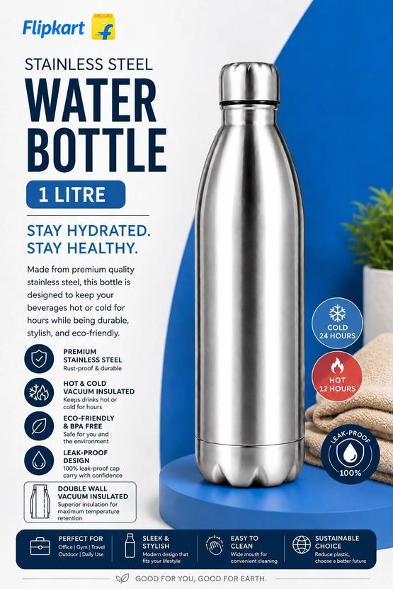 flaskbottles 1 Litre Stainless Steel Vacuum Insulated Water Bottle - Image 1