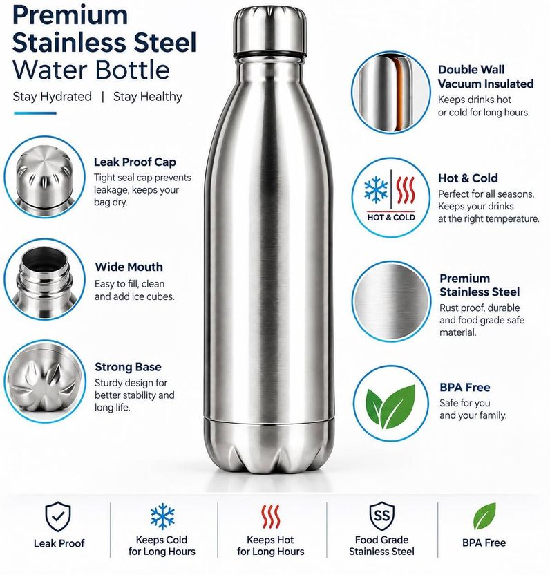 flaskbottles 1 Litre Stainless Steel Vacuum Insulated Water Bottle - Image 5