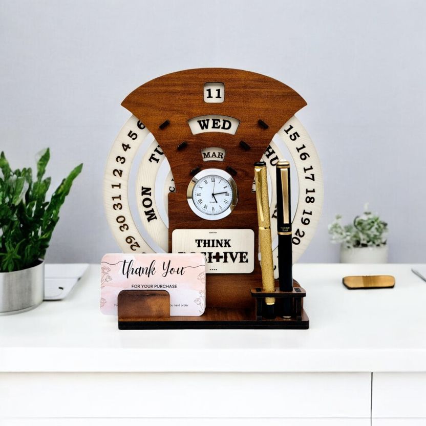 Giftingcare Wooden Circular Calendar With Pen & Card Holder - Image 1