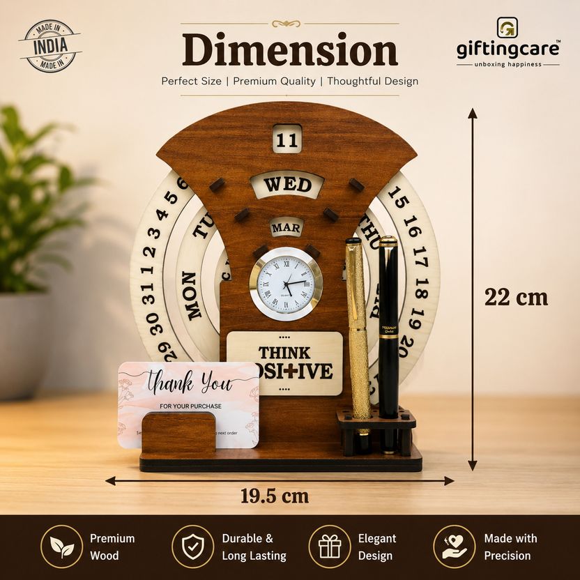 Giftingcare Wooden Circular Calendar With Pen & Card Holder - Image 3