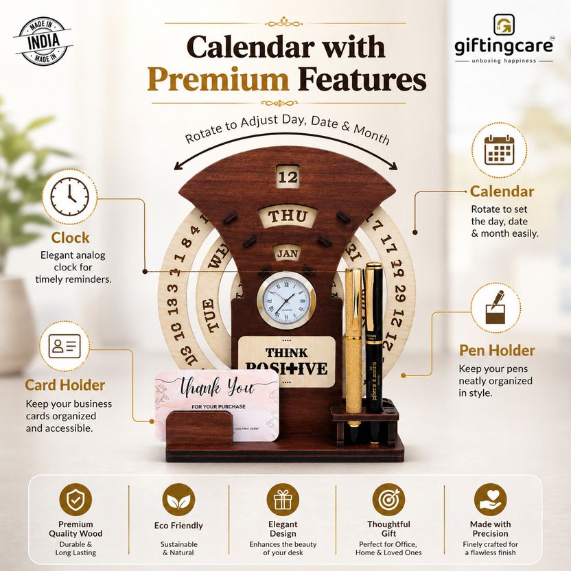 Giftingcare Wooden Circular Calendar With Pen & Card Holder - Image 4