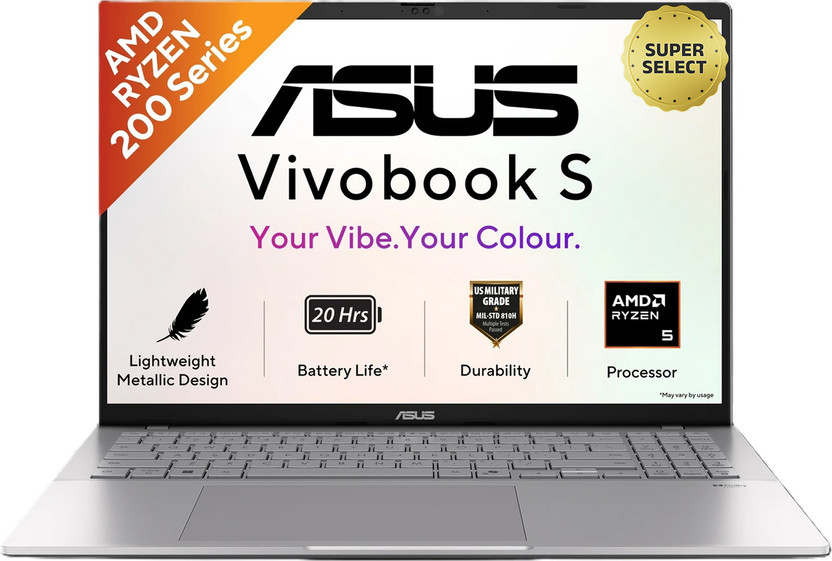 ASUS Vivobook S16 (2026) with Metallic Design, Gaming Grade CPU AMD Ryzen 5 220 - (16 GB/512 GB SSD/Windows 11 Home) M3607HA-RP219WS Thin and Light Laptop