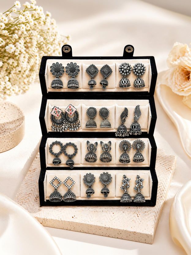 Mirakii Jewels 12 Pairs Traditional Oxidized & Gold-Plated - Image 1