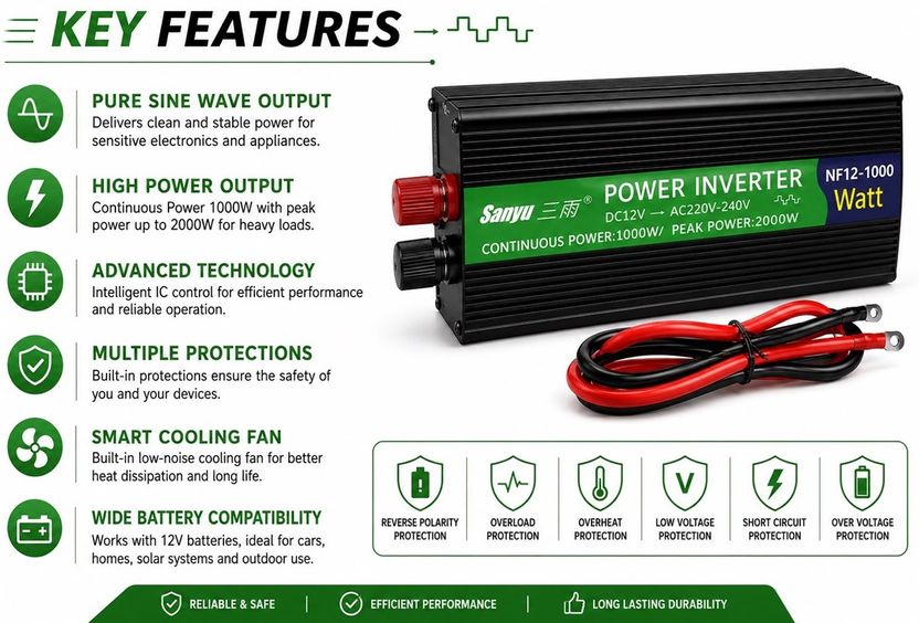EASTRA 1000W Power Inverter, DC 12V to AC 220-240V - Image 3