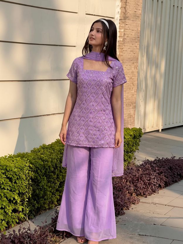 DISHWA Women Georgette Kurti Palazzo Dupatta Set - Image 7