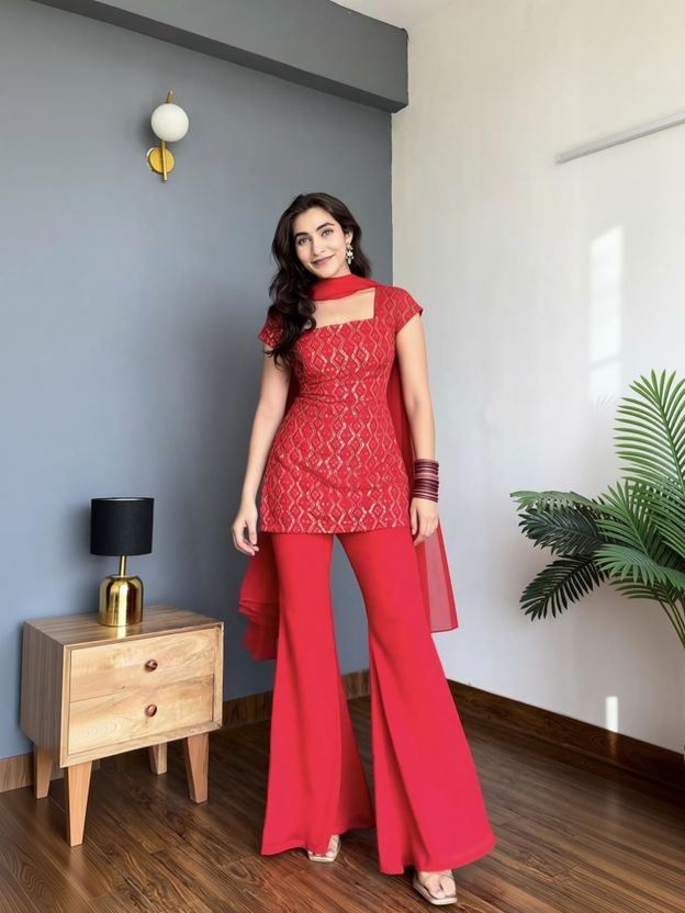 DISHWA Women Georgette Kurti Palazzo Dupatta Set - Image 9