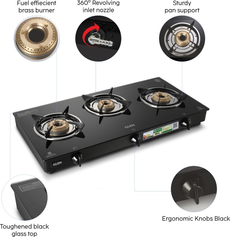 Glen LPG Rapid GT BLK ISI Gas stoves 3 Burner Glass Manual Gas Stove Price in India - Image 3