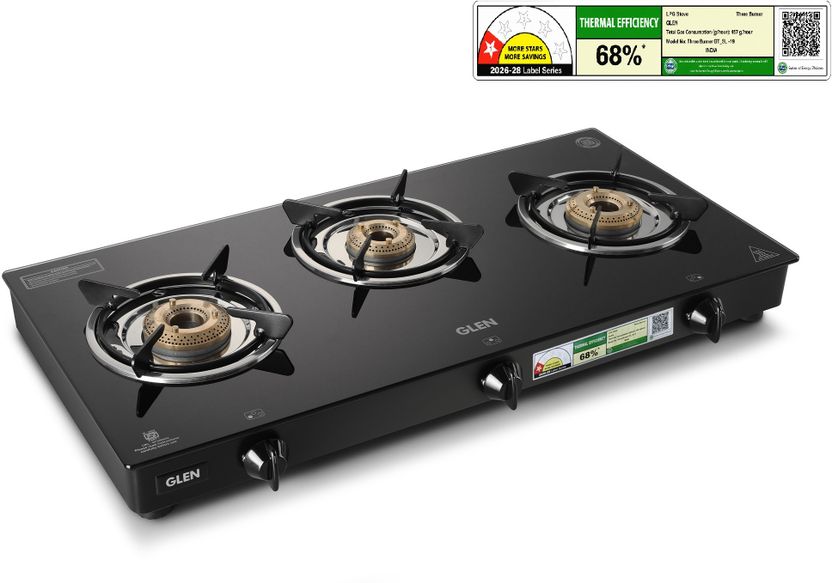 Glen LPG Rapid GT BLK ISI Gas stoves 3 Burner Glass Manual Gas Stove Price in India - Image 1
