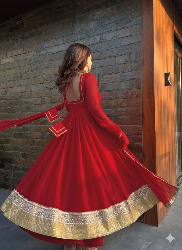 CHOICE Embroidered Silk Blend Anarkali Gown (Red) - Image 4