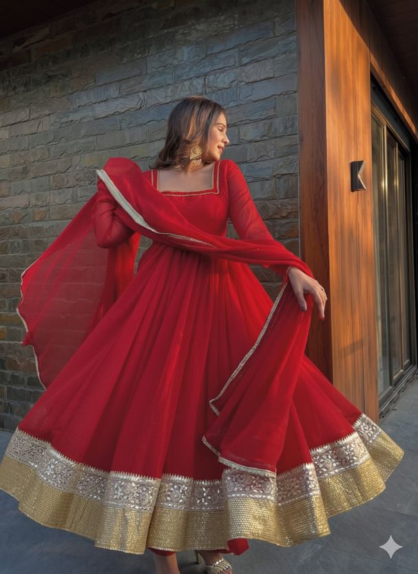 CHOICE Embroidered Silk Blend Anarkali Gown (Red) - Image 2