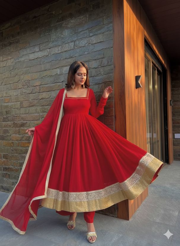 CHOICE Embroidered Silk Blend Anarkali Gown (Red) - Image 3