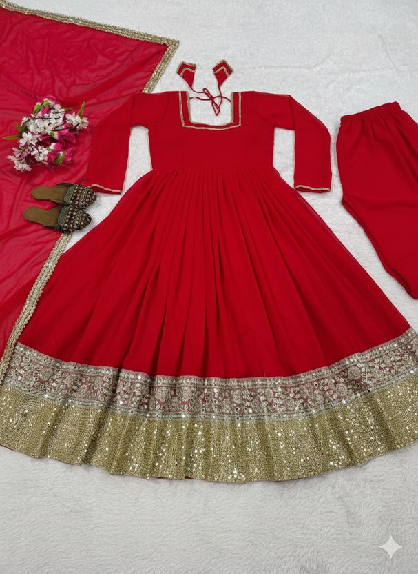 CHOICE Embroidered Silk Blend Anarkali Gown (Red) - Image 5