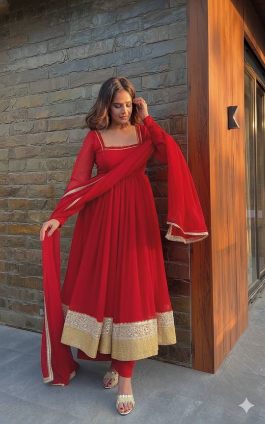 CHOICE Embroidered Silk Blend Anarkali Gown (Red) - Image 1