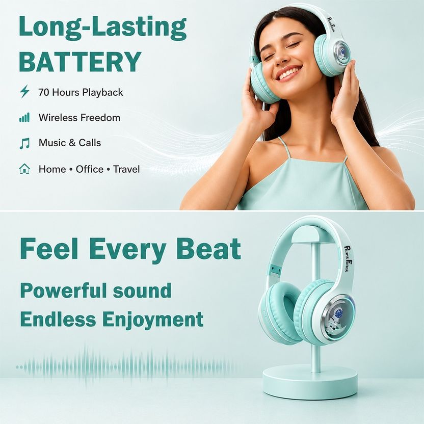 PunnkFunnk Wireless Bluetooth Over Ear Headphones - Image 3