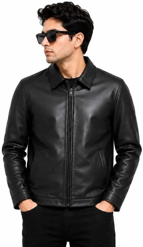 kdsn Men Solid Leather Jacket - Image 1