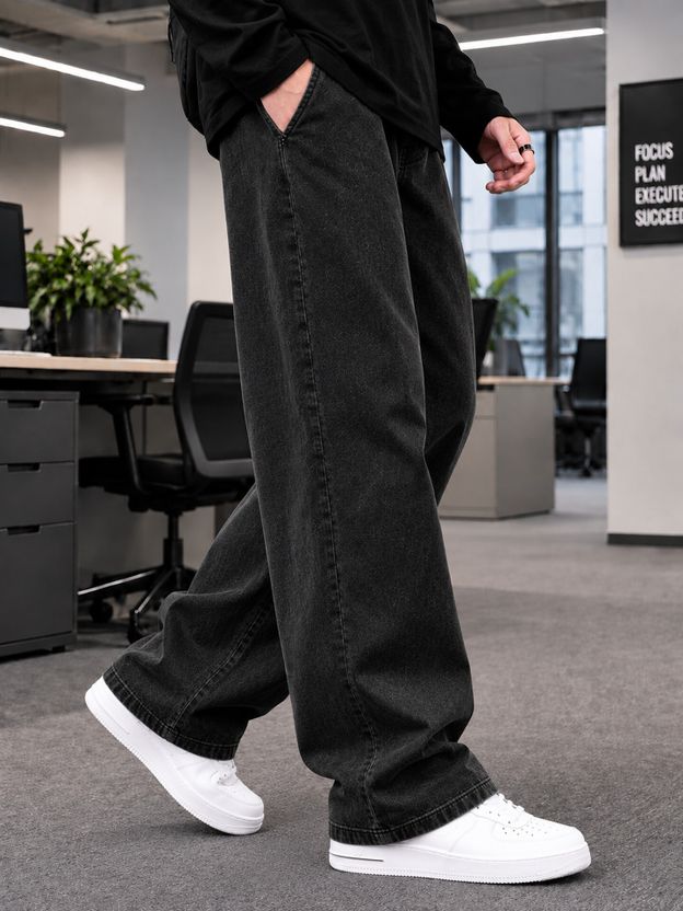 DENIM LOOK Men Baggy Fit Mid Rise Dark Grey Jeans - Image 1