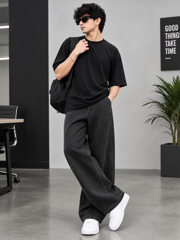 DENIM LOOK Men Baggy Fit Mid Rise Dark Grey Jeans - Image 4